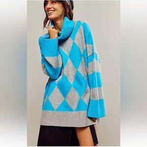 Free People Harley Turtleneck Tunic Sweater Argyle Oversized Blue Gray